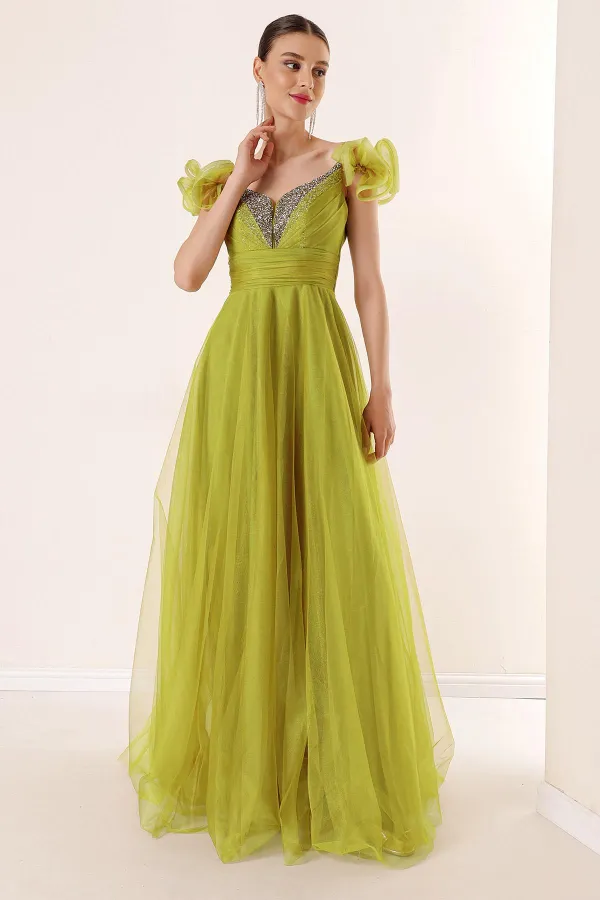 Front Back V Neck Rope Straps Low Sleeves Front Stone Detailed Lined Long Tulle Dress