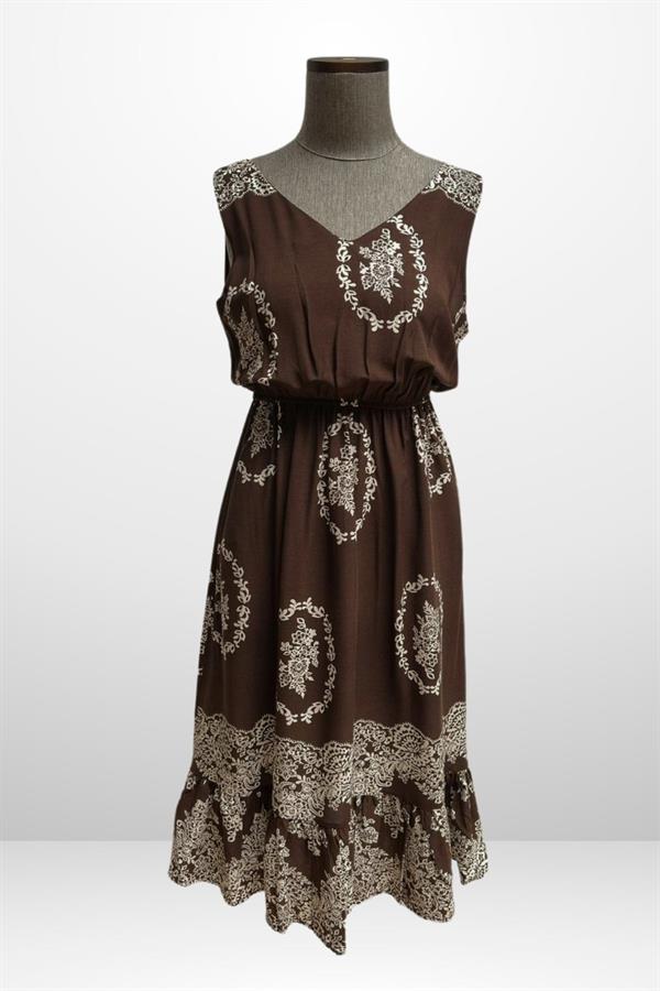 Kadın Ön Arka v Yaka Beli Lastikli Cepli Çiçek Desenli Rahat Kalıp Elbise