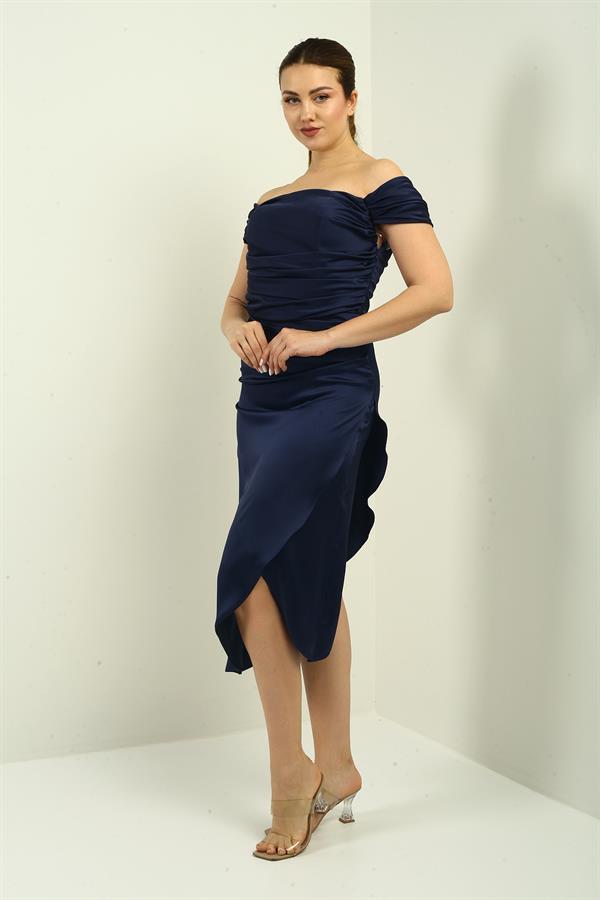 Women's Madonna Neckline Draped Asymmetrical Satin Short Dress