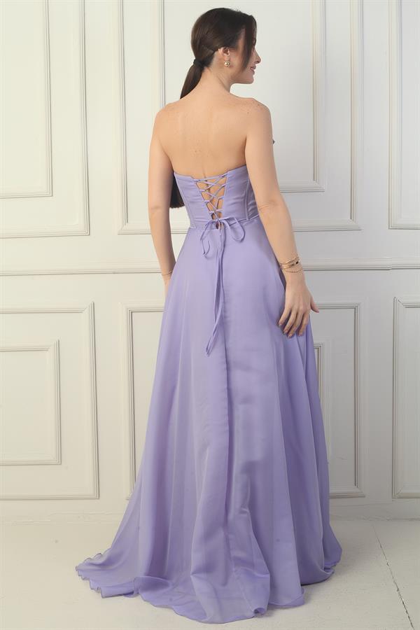 Robe de soirée longue pour femme, sans bretelles, boutonnée sur le devant, lacée au dos, à jupe à volants