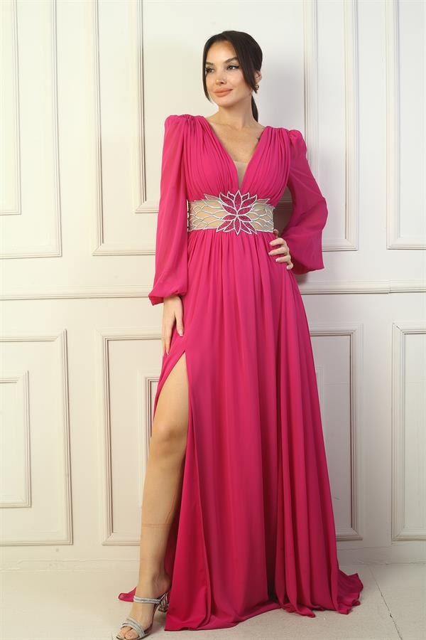 Robe de soirée longue en mousseline de soie avec col en V et doublure brodée pour femme