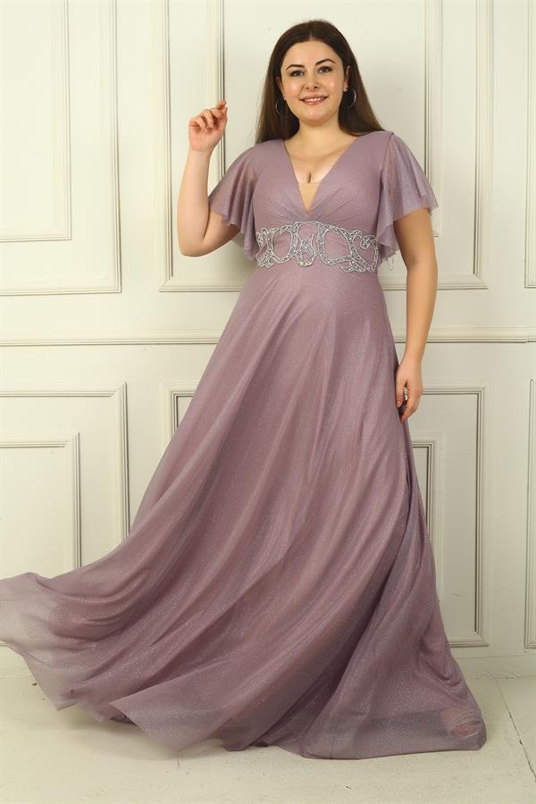 Kadın Ön Arka V Yaka Beli Taş İşlemeli Astarlı Simli Büyük Beden Abiye Elbise