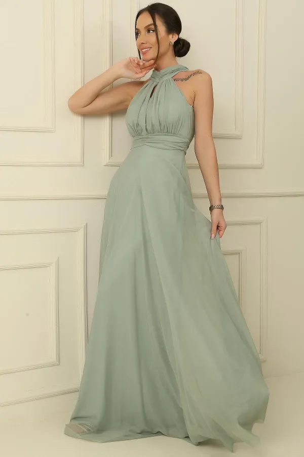 Boyundan Bağlamalı Astarlı Uzun Tül Elbise