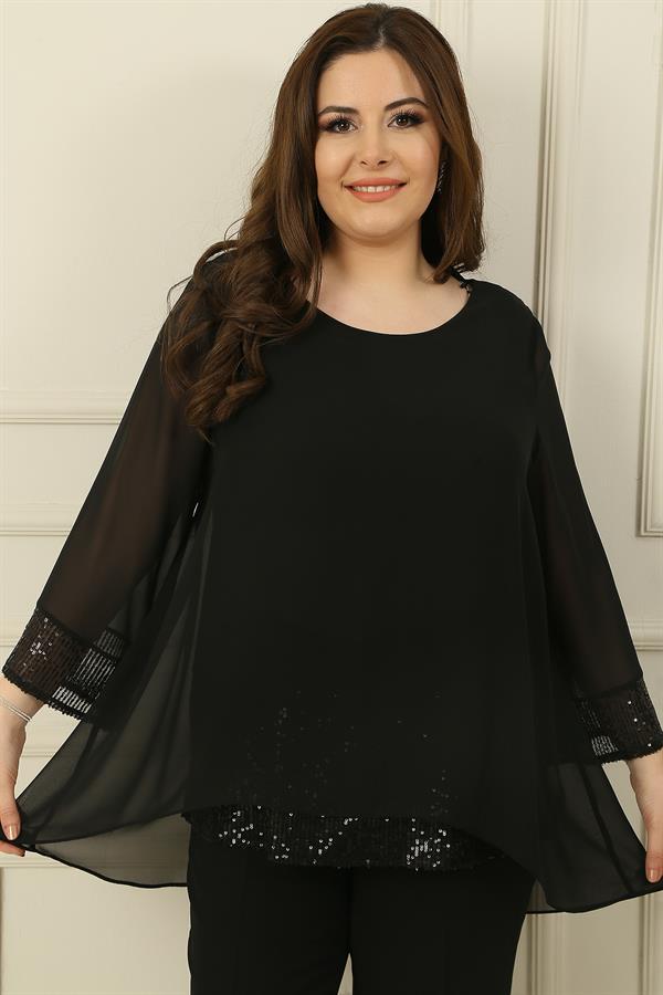 Kadın Yaka Manşeti Ve İçi Pulpayet Büyük Beden Şifon Bluz