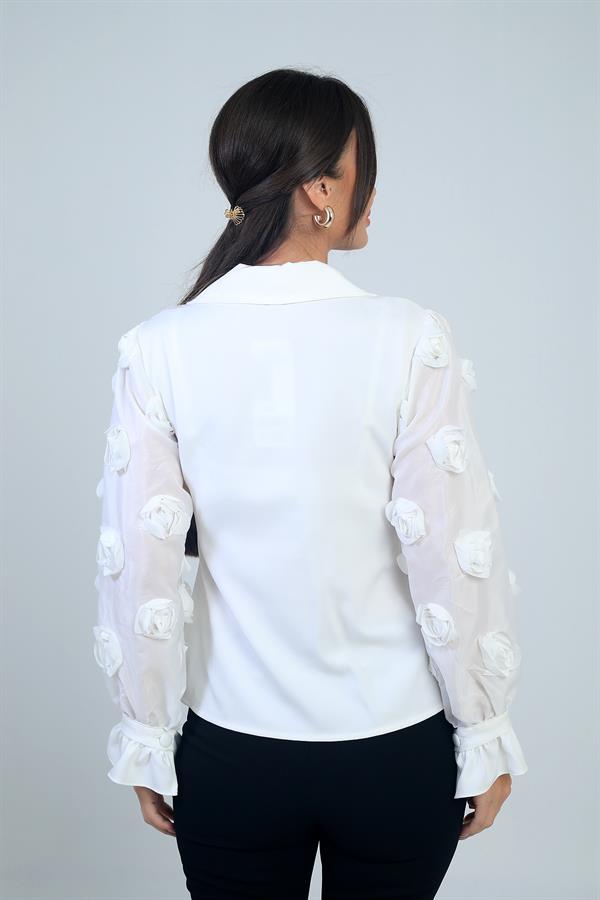 Kadın Önü Düğmeli Kolları Organze 3 Boyut Çiçekli Tasarim Bluz