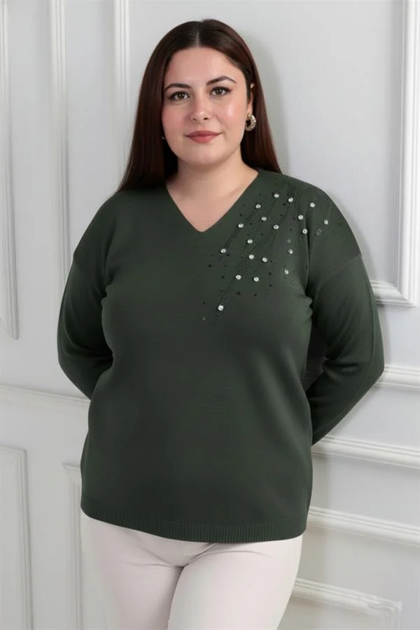 Chemisier en maille à strass grande taille pour femme, col en V