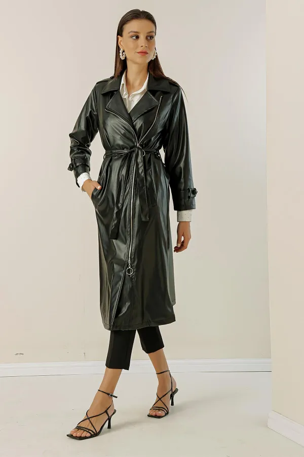 Trench-coat doublé en similicuir avec ceinture et poches latérales