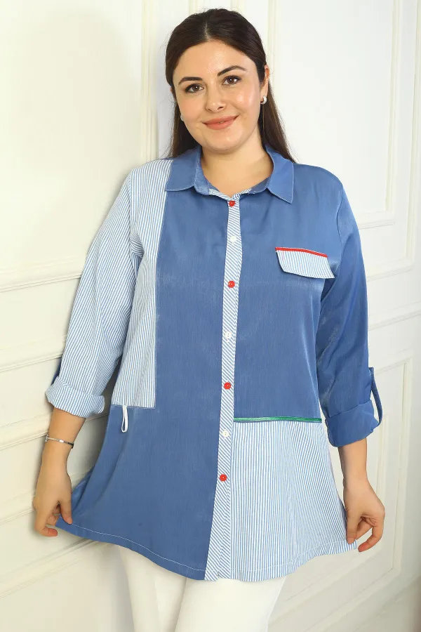 Women's Striped Plus Size Denim Shirt
