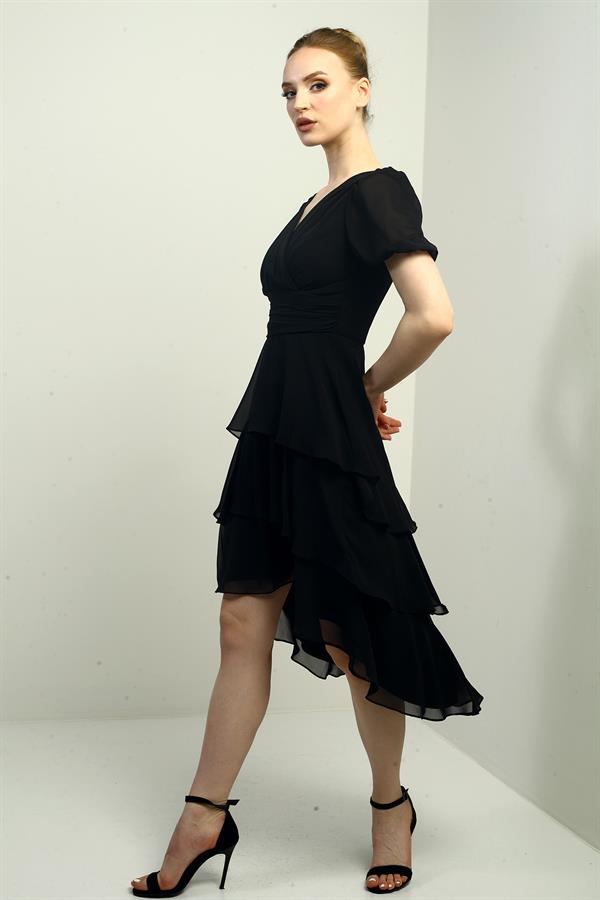 Kadın Kruvaze Yaka Arkası Fermuarlı Katkat Pileli Şifon Elbise