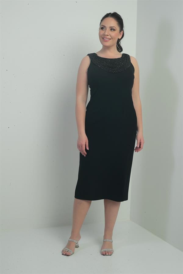 Cowl Neck Stone Detailed Lined Plus Size Crepe Midi Dress