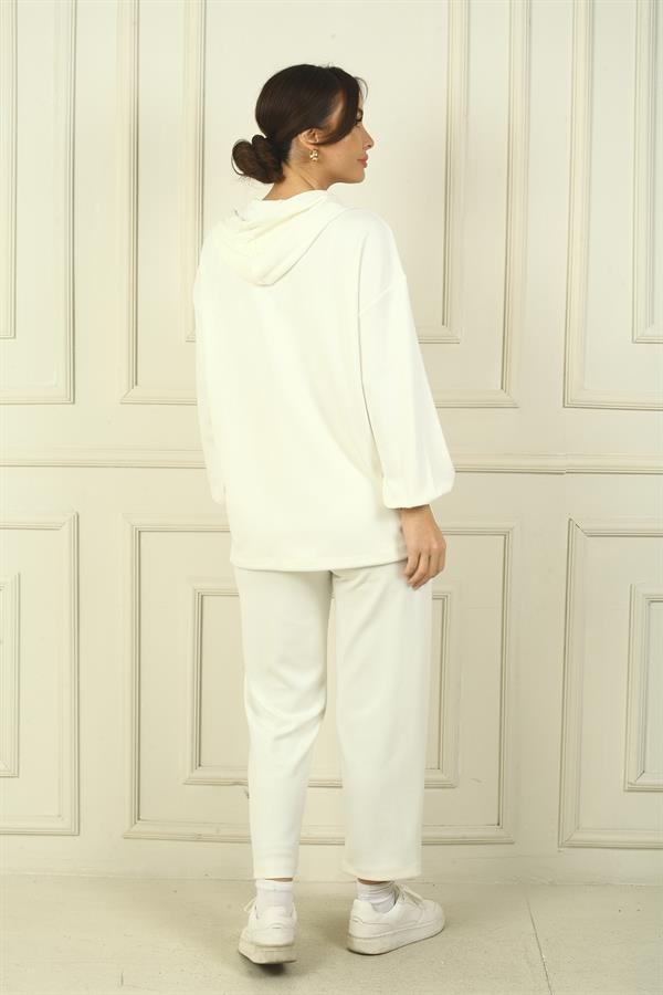 Women's Zippered Front Hooded Kangaroo Pocket Jacket Elastic Waistband Pocketed Trousers Comfortable Fit Oysho 2-Piece Set