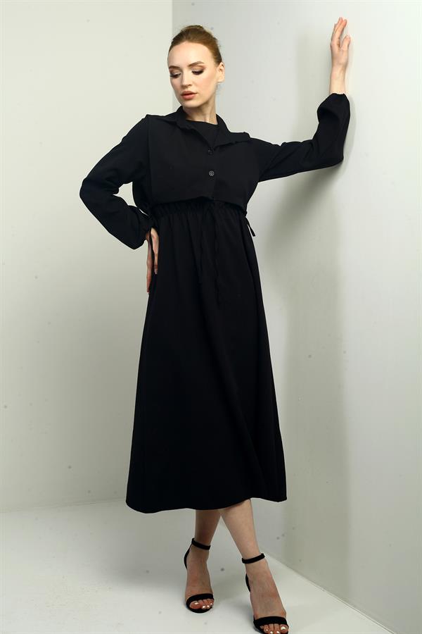 Women's Button-Down Detachable Vest, Elastic Waist, Long-Sleeved Midi Dress