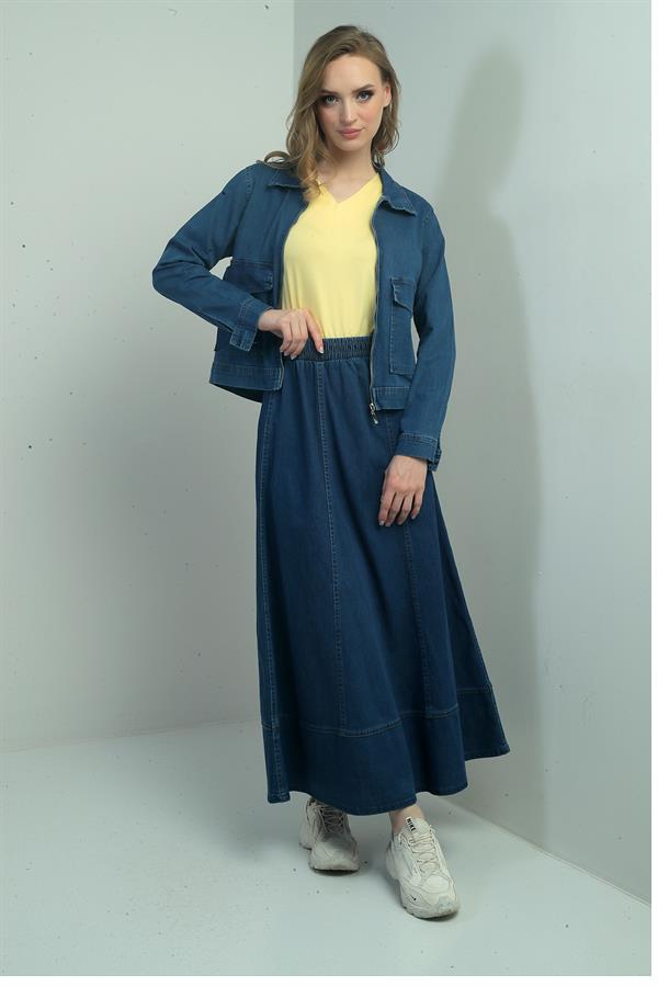 Women's Elastic Waist Long Flared Skirt and Front Zipper Jacket with Patch Pockets - Two-Piece Denim Set