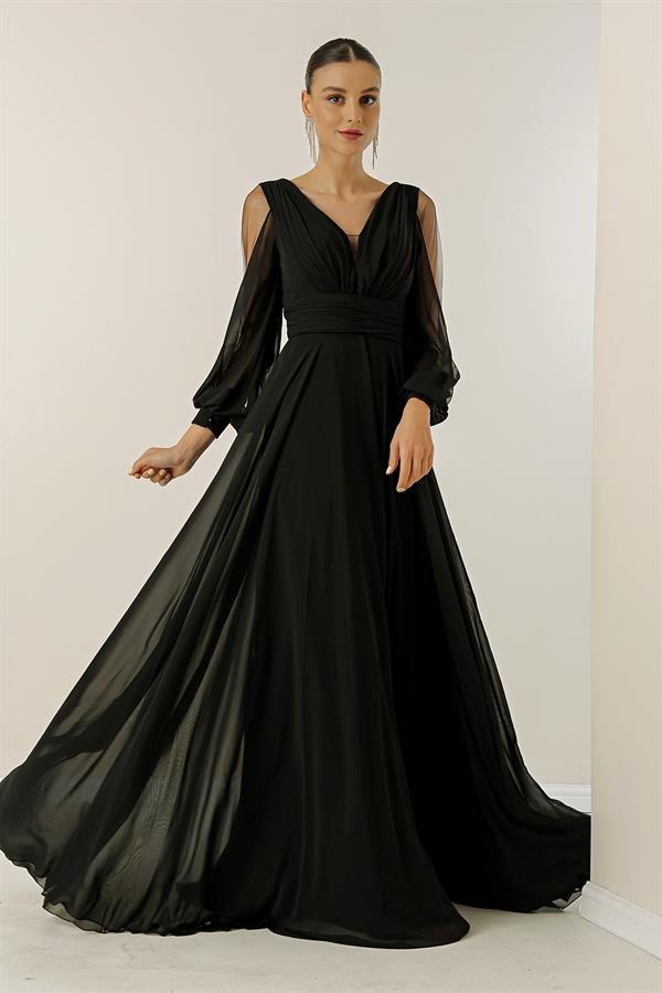 Front and back V-neck, draped front, tulle sleeves, lined, wide-length chiffon dress.