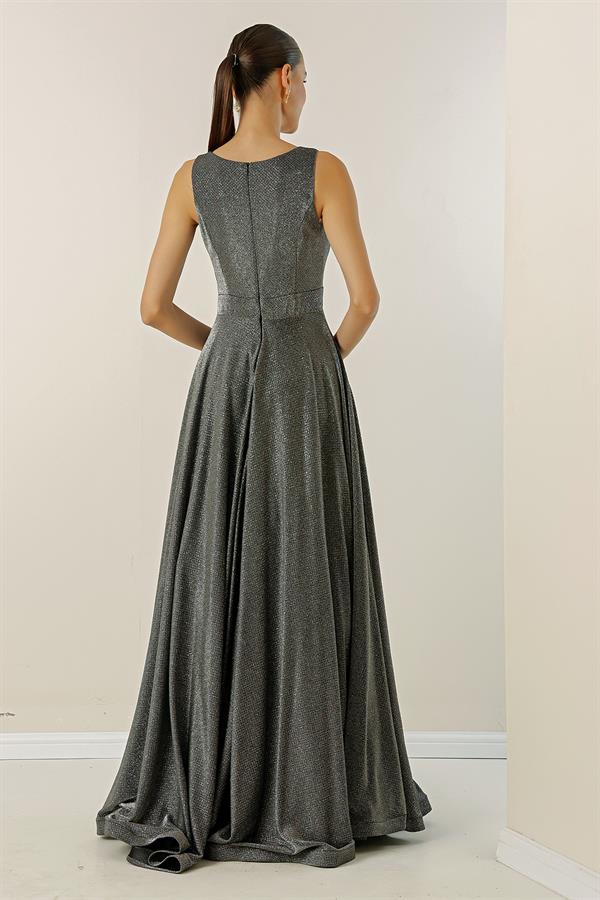 V Yaka Hayal Tüllü Simli Astarlı Abiye Elbise