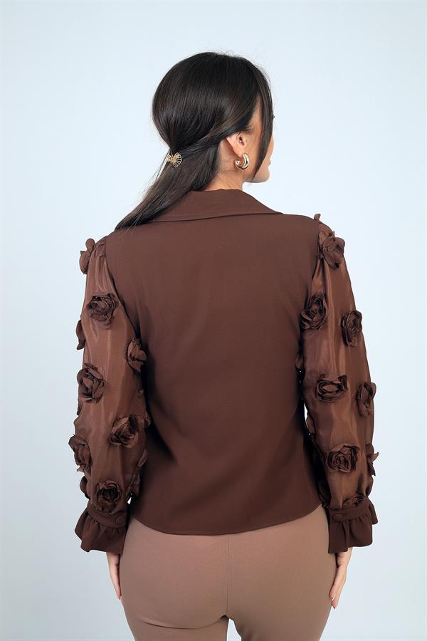 Kadın Önü Düğmeli Kolları Organze 3 Boyut Çiçekli Tasarim Bluz