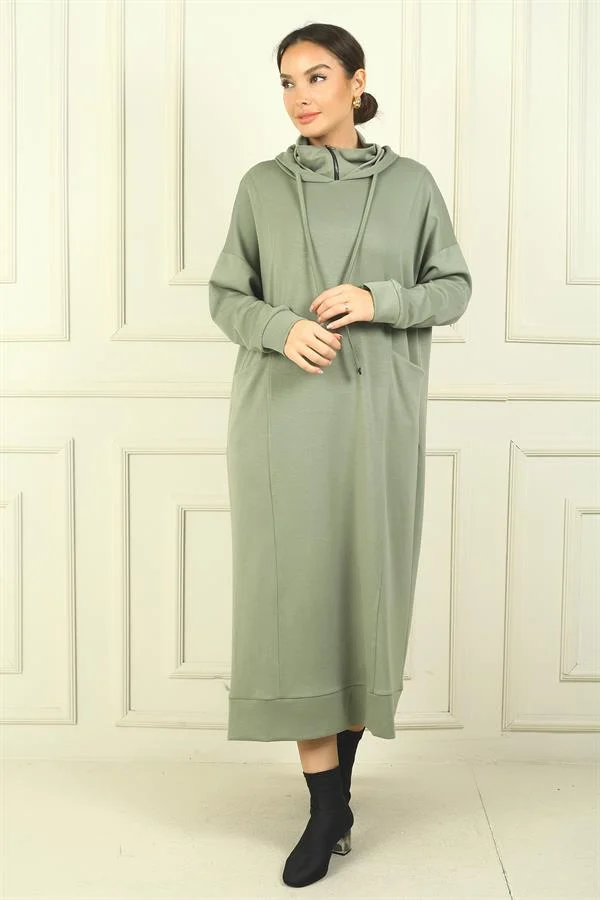 Kadın Yaka Fermuarlı Kapüşonlu Torba Cepli Rahat Kalıp Oysho Uzun  Elbise