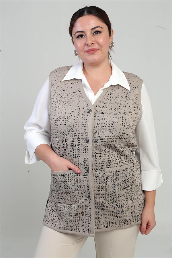 Kadın Önü Metal Düğmeli Celi Kazayağı Desenli Büyük Beden Kısa Triko Yelek
