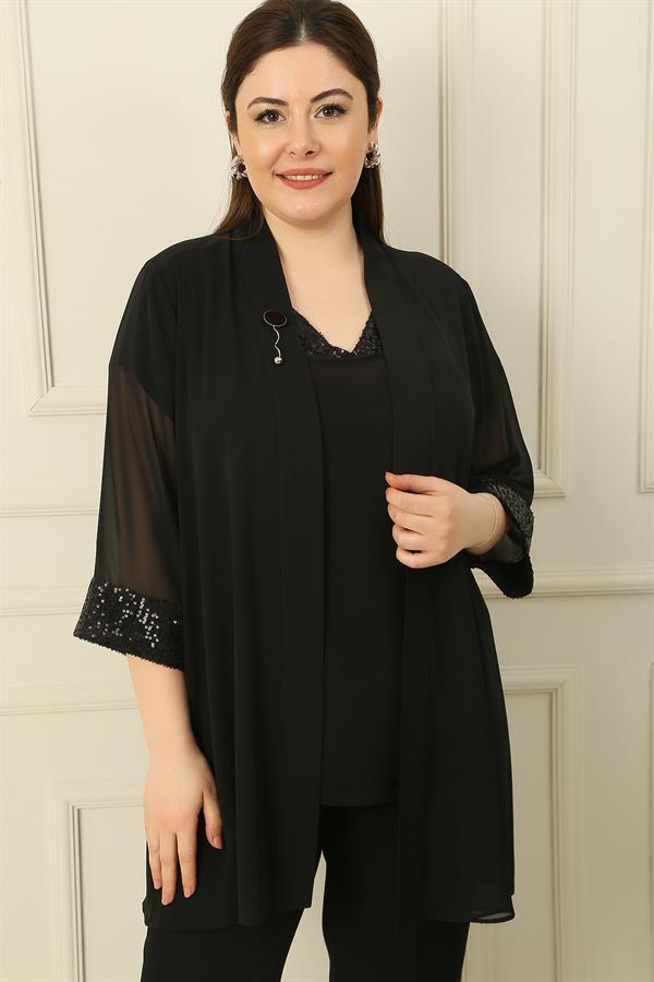 Ensemble 2 pièces grande taille : chemisier sans manches à sequins et col en V, veste en mousseline à détails bronzés et poignets à sequins.