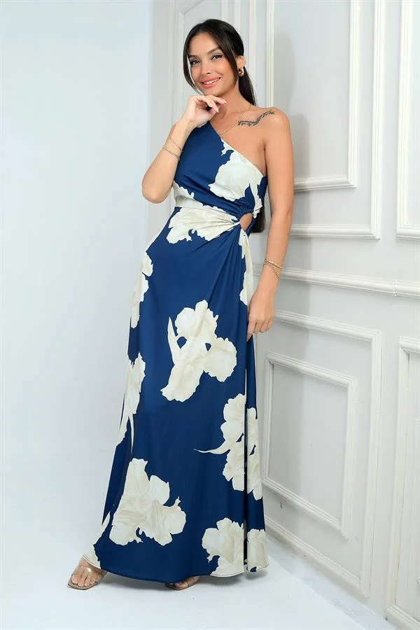 Women's One-Shoulder Side-Cut Out Large Leaf Pattern Long Crepe Satin Dress
