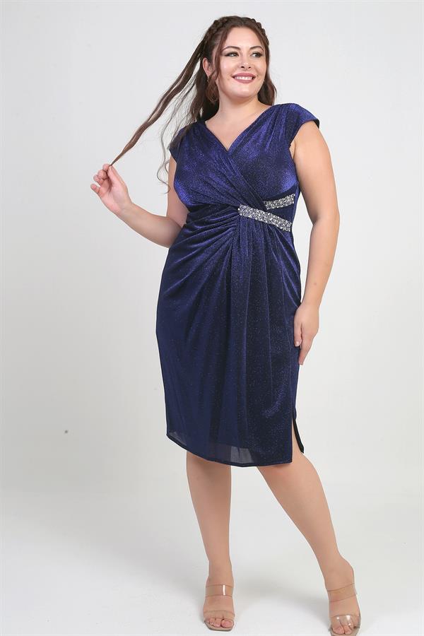 Women's Wrap Neckline Double Stone Detail Lined Half-Moon Sleeved Lycra Plus Size Glitter Dress