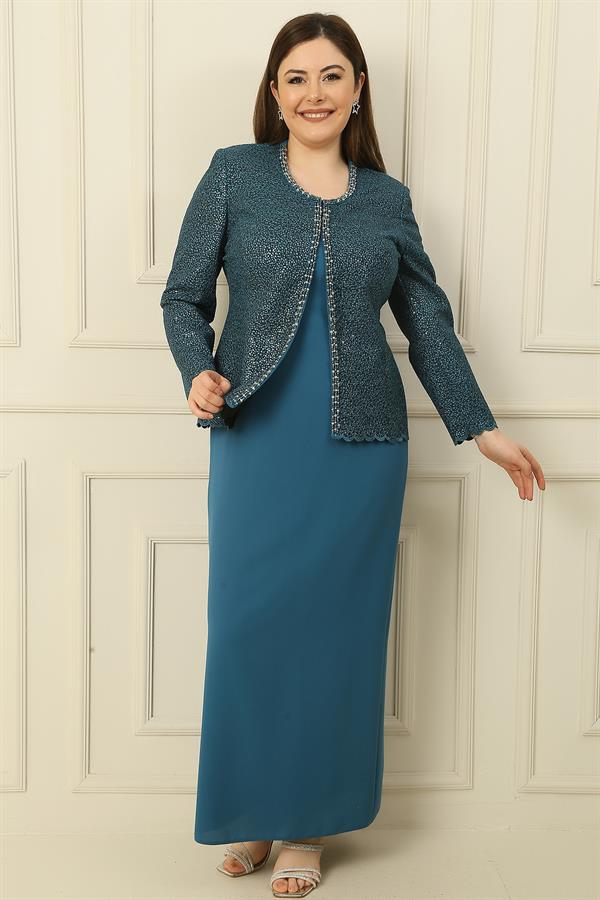 Robe longue en crêpe avec col et doublure ornés, veste à sequins, ensemble 2 pièces grande taille