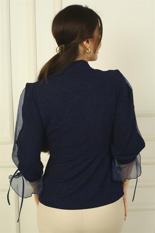 Women's Double-Breasted Half Organza Sleeve Wide-Size Spaced Glittery Blouse