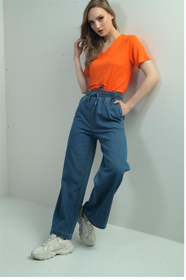 Women's Elastic Waist Palazzo Jeans with Side Pockets