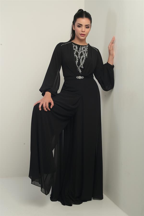 Women's Front and Back Stone Detailed Lined Wide-Leg Chiffon Jumpsuit