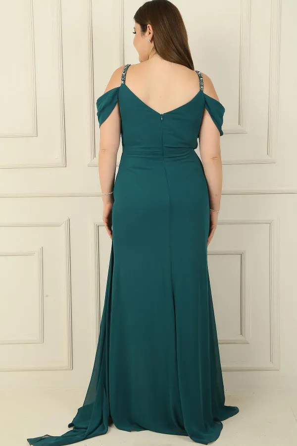 Kadın Taş Detay Askılı Düşük Kol Yanı Mendil Yırmaçlı Askılı Büyük Beden Şifon Uzun Elbise