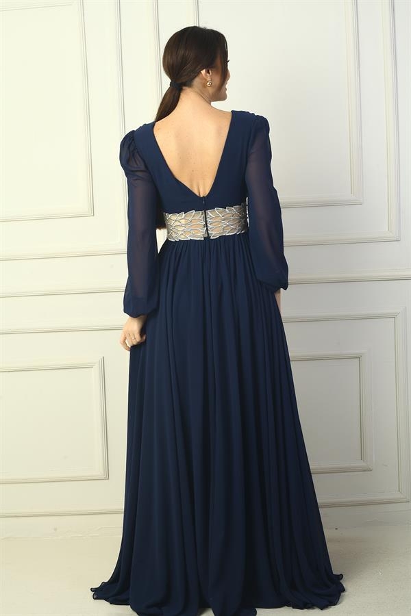 Kadın Ön Arka v Yaka Beli Nakış İşlemeli Astarlı Uzun Şifon Abiye Elbise