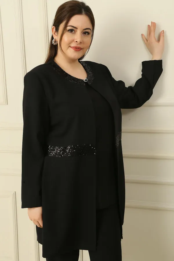İçi Kolsuz Likralı Bluz Yakası Ve Beli Pul Detaylı Büyük Beden Krep 2'li Takım