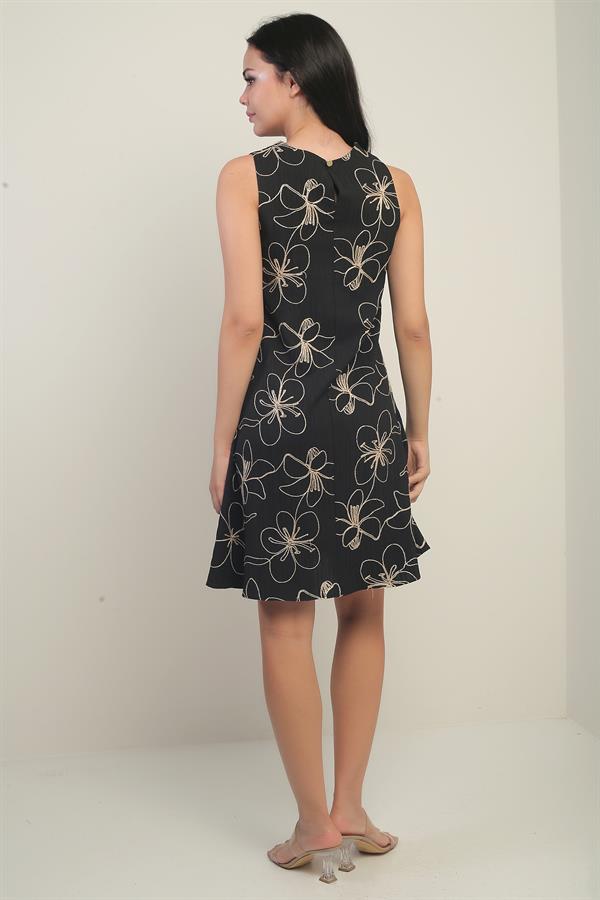 Women's Round Neck Floral Patterned Corded Short Dress