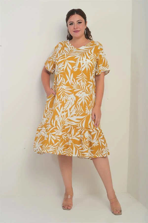 Kadın V Yaka Karışık Yaprak Desenli Cepli Eteği Fırfırlı Büyük Beden Elbise