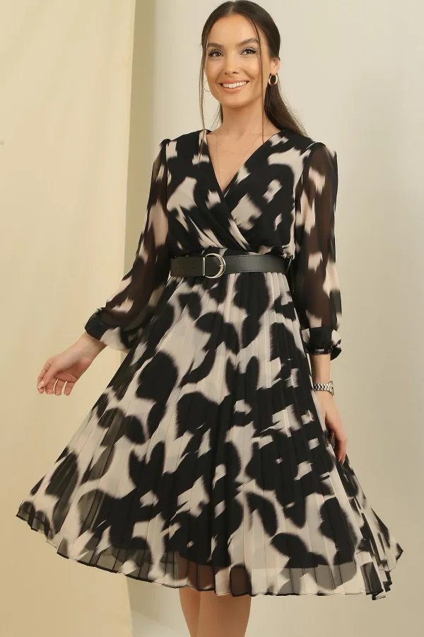 Double-Breasted, Lined, Waist Belted, Pleated Patterned Chiffon Dress