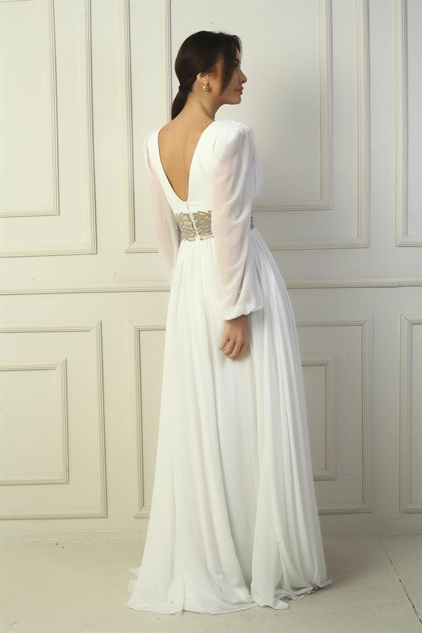 Women's Front Back V Neck Waist Embroidered Lined Long Chiffon Evening Dress