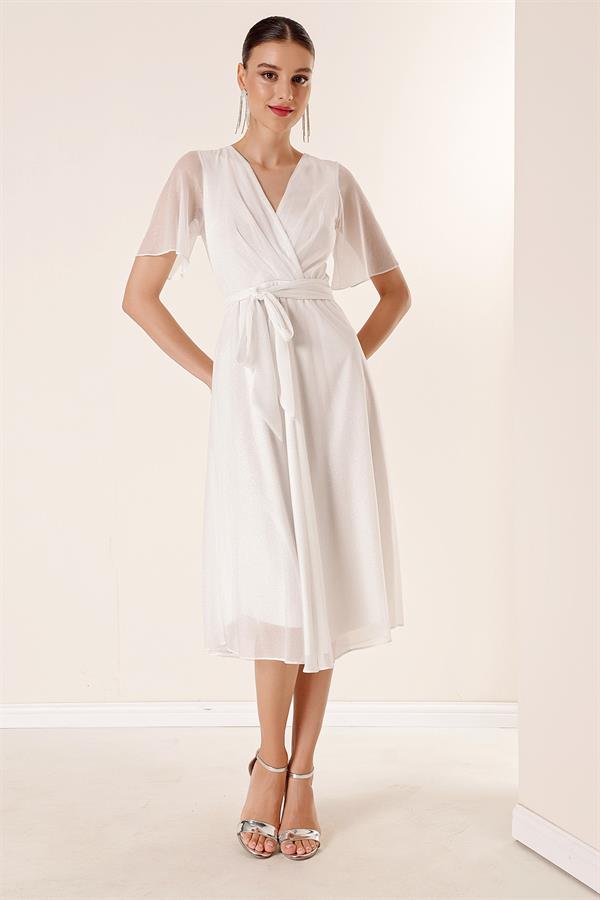 Wrap-Neck Belted Lined Glitter Tulle Dress