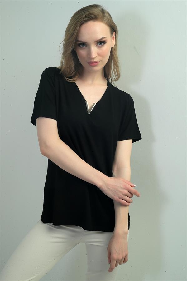 V Neck Short Sleeve Blouse with V Accessories