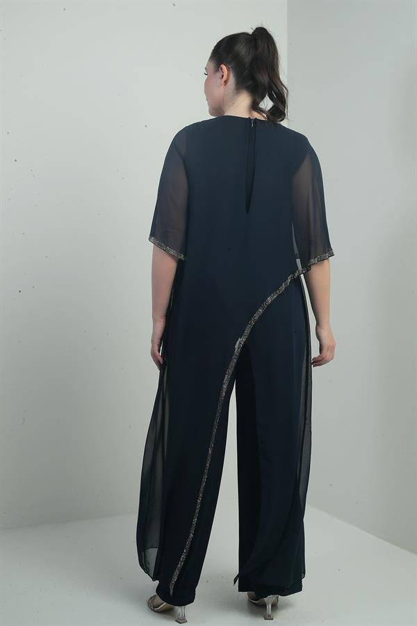 Kadın Üstü Şifon Taş Detaylı İspanyol Kollu Bol Paça Büyük Beden Likralı Tulum