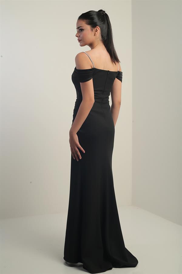 Women's Embellished Thin Strap, Dropped Sleeve Satin Madonna Neckline Lined Draped Double Fishtail Dress