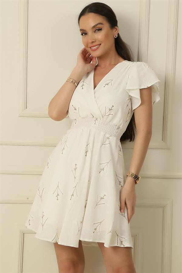 Kruvaze Yaka Kısa Kollu Beli Gipeli Astarlı Çiçek Nakışlı Elbise