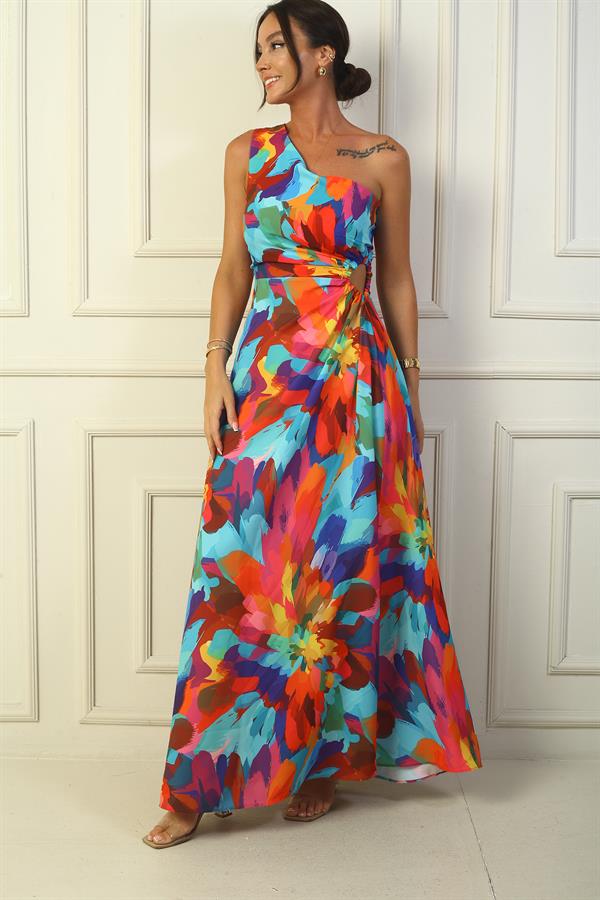 Robe longue en crêpe satin multicolore à une épaule et découpe latérale pour femme