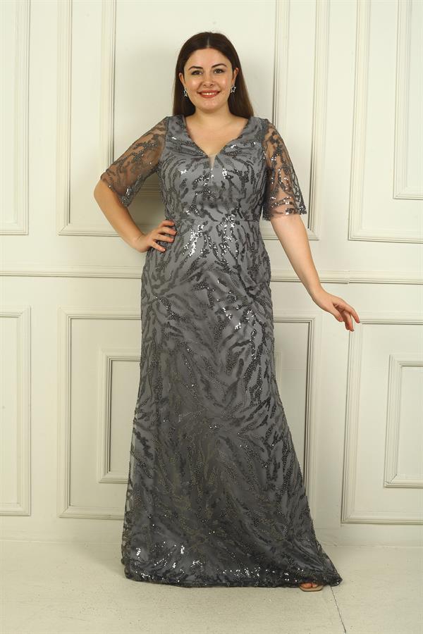 Kadın Ön Arka V Yaka Boncuk-Pul İşlemeli Astarlı Büyük Beden Elbise