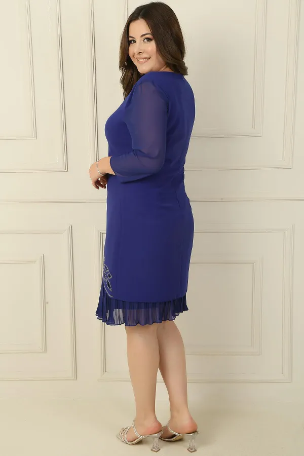 Plus Size Crepe Dress with Chiffon Pleated Sleeves and Stone Detail on the Hem