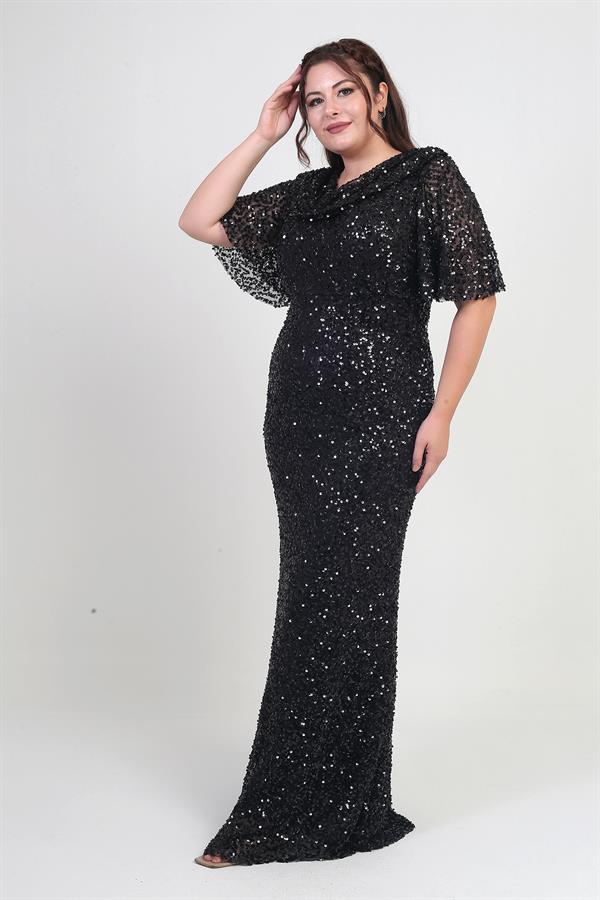 Kadın Degaje Yaka Kısa Kollu Astarlı Pullu Büyük Beden Likralı Elbise