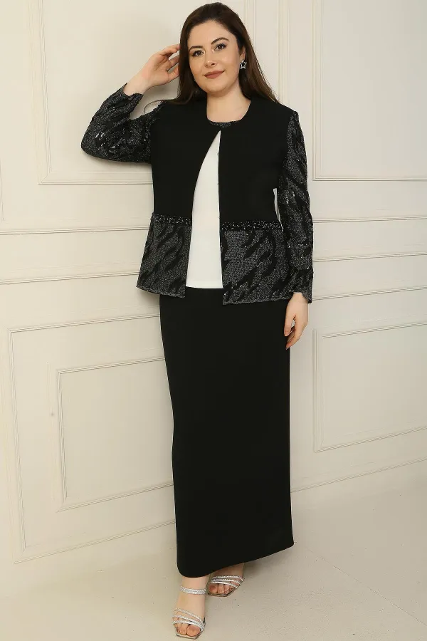 İçi Yarım Ay Kol Bluz Pul NakışişlemeBoncuk Detaylı Ceket Etek Astarlı Büyük Beden 3'lü Takım