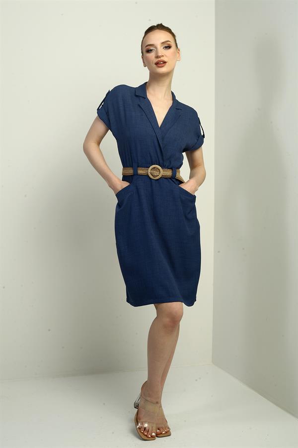 Women's Dress with Patch Pockets and Belt Waist