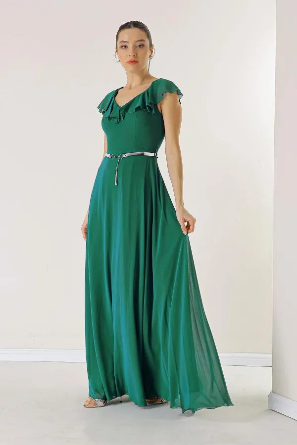 Flounced Collar, Belted Waist, Lined Long Chiffon Dress