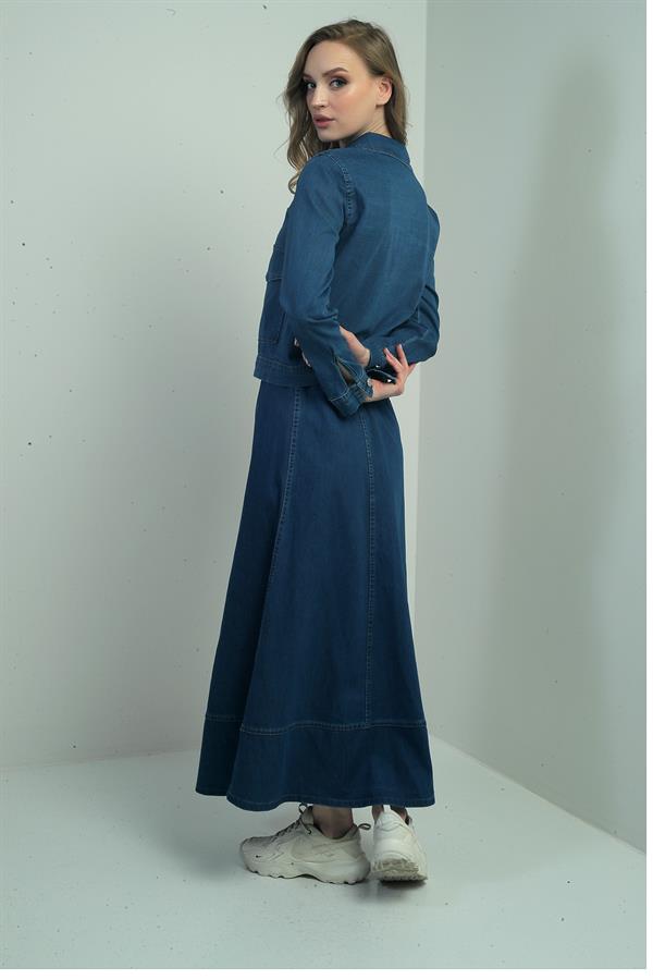 Women's Elastic Waist Long Flared Skirt and Front Zipper Jacket with Patch Pockets - Two-Piece Denim Set