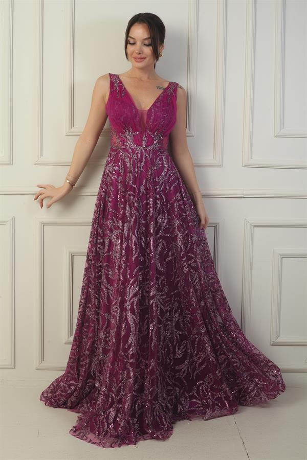 Kadın Ön Arka V Yaka Göğüs Pliseli Arkadan Bağcıklı Astarlı Sim Flok Baskı Uzun Abiye Elbise